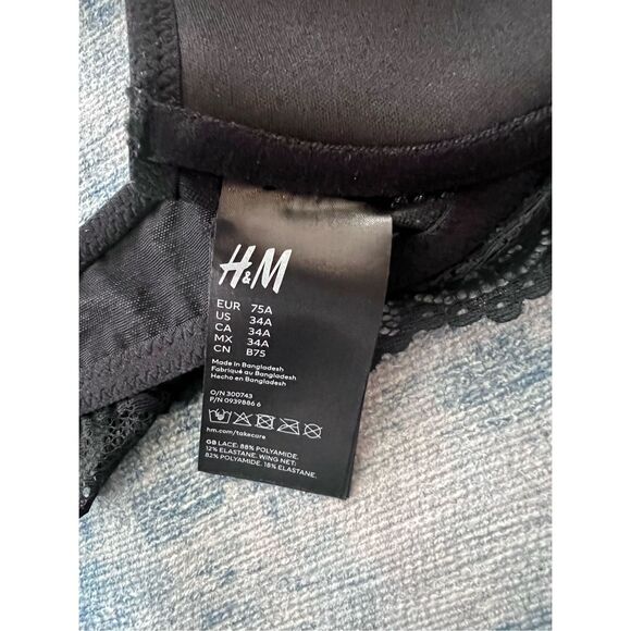 NWT! H&M Black Floral Lace Underwire Bra 34A - Picture 3 of 5